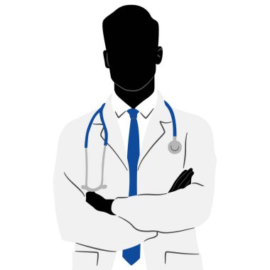 Çapraz elli beyaz önlüklü bir doktorun silüeti. Erkek sağlık çalışanı. El çizimi vektör çizimi beyaz üzerine izole edildi