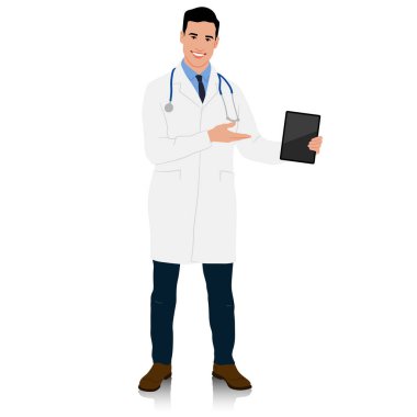 Beyaz önlüklü bir doktor tableti işaret etti. Erkek sağlık çalışanı. El çizimi vektör çizimi beyaz üzerine izole edildi