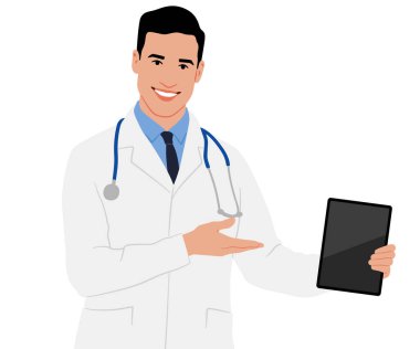 Beyaz önlüklü bir doktor tableti işaret etti. Erkek sağlık çalışanı. El çizimi vektör çizimi beyaz üzerine izole edildi