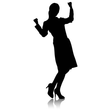 Kadın sağlık çalışanının silueti. Steteskoplu, beyaz önlüklü mutlu bir doktor. Sağlık çalışanı kutlama yapıyor. Beyaz üzerine izole edilmiş vektör düz biçim illüstrasyonu. Tam yükseklik görünümü