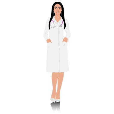 El yapımı kadın sağlık çalışanı steteskoplu, gülümseyen, beyaz önlüklü doktor. Sağlık çalışanı elleri cebinde duruyor. Vektör düz biçim illüstrasyonu beyaz üzerine izole edildi.