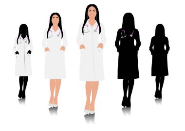 El yapımı kadın sağlık çalışanı steteskoplu, gülümseyen, beyaz önlüklü doktor. Sağlık çalışanı elleri cebinde duruyor. Vektör düz biçim illüstrasyonu beyaz üzerine izole edildi.