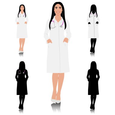 El yapımı kadın sağlık çalışanı steteskoplu, gülümseyen, beyaz önlüklü doktor. Sağlık çalışanı elleri cebinde duruyor. Vektör düz biçim illüstrasyonu beyaz üzerine izole edildi.