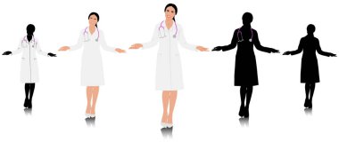 El çizimi kadın sağlık çalışanı. Steteskoplu, beyaz önlüklü mutlu bir doktor. Sağlık çalışanı boş alanı kollarıyla gösteriyor. Vektör düz biçim illüstrasyonu beyaz üzerine izole edildi