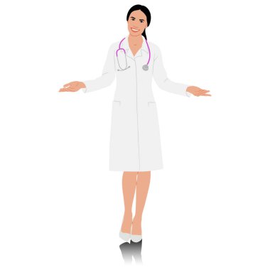 El çizimi kadın sağlık çalışanı. Steteskoplu, beyaz önlüklü mutlu bir doktor. Sağlık çalışanı boş alanı kollarıyla gösteriyor. Vektör düz biçim illüstrasyonu beyaz üzerine izole edildi