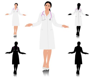 El çizimi kadın sağlık çalışanı. Steteskoplu, beyaz önlüklü mutlu bir doktor. Sağlık çalışanı boş alanı kollarıyla gösteriyor. Vektör düz biçim illüstrasyonu beyaz üzerine izole edildi