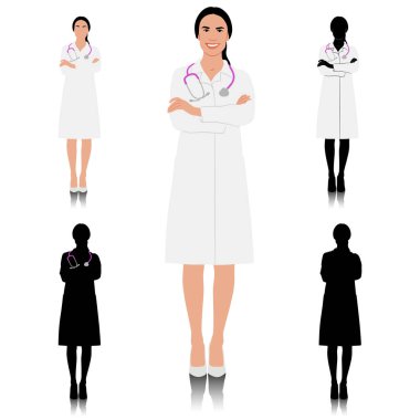 El çizimi kadın sağlık çalışanı. Steteskoplu, beyaz önlüklü mutlu bir doktor. Doktor elleri çapraz duruyor. Vektör düz biçim illüstrasyonu beyaz üzerine izole edildi