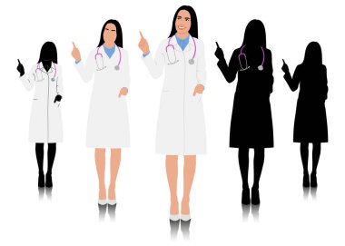 El çizimi kadın sağlık çalışanı. Steteskoplu, beyaz önlüklü mutlu bir doktor. Tıp işçisi yan tarafı işaret etti. Vektör düz biçim illüstrasyonu beyaz üzerine izole edildi