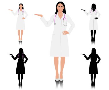 El çizimi kadın sağlık çalışanı. Steteskoplu, beyaz önlüklü mutlu bir doktor. Tıp işçisi yan tarafı işaret etti. Vektör düz biçim illüstrasyonu beyaz üzerine izole edildi