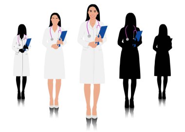 El çizimi kadın sağlık çalışanı. Steteskoplu, beyaz önlüklü mutlu bir doktor. Sağlık çalışanı pano ile ayakta duruyor. Vektör düz biçim illüstrasyonu beyaz üzerine izole edildi