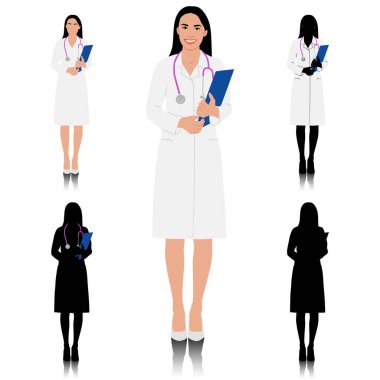 El çizimi kadın sağlık çalışanı. Steteskoplu, beyaz önlüklü mutlu bir doktor. Sağlık çalışanı pano ile ayakta duruyor. Vektör düz biçim illüstrasyonu beyaz üzerine izole edildi