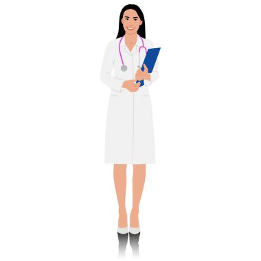 El çizimi kadın sağlık çalışanı. Steteskoplu, beyaz önlüklü mutlu bir doktor. Sağlık çalışanı pano ile ayakta duruyor. Vektör düz biçim illüstrasyonu beyaz üzerine izole edildi