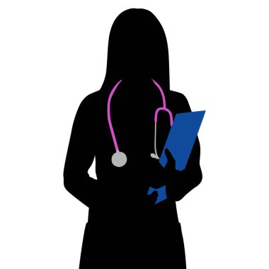 Kadın sağlık çalışanının silueti. Steteskoplu, beyaz önlüklü mutlu bir doktor. Sağlık çalışanı pano ile ayakta duruyor. Vektör düz biçim illüstrasyonu beyaz üzerine izole edildi