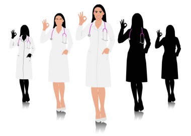 El çizimi kadın sağlık çalışanı. Steteskoplu, beyaz önlüklü mutlu bir doktor. Sağlık çalışanı el işaretini gösterdi. Vektör düz biçim illüstrasyonu beyaz üzerine izole edildi