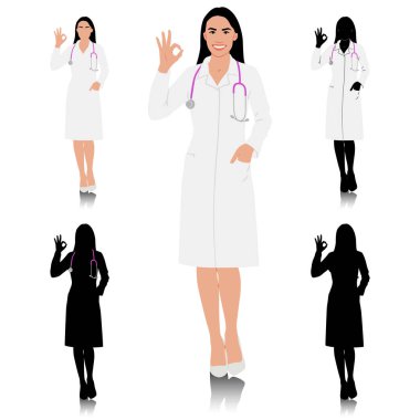 El çizimi kadın sağlık çalışanı. Steteskoplu, beyaz önlüklü mutlu bir doktor. Sağlık çalışanı el işaretini gösterdi. Vektör düz biçim illüstrasyonu beyaz üzerine izole edildi