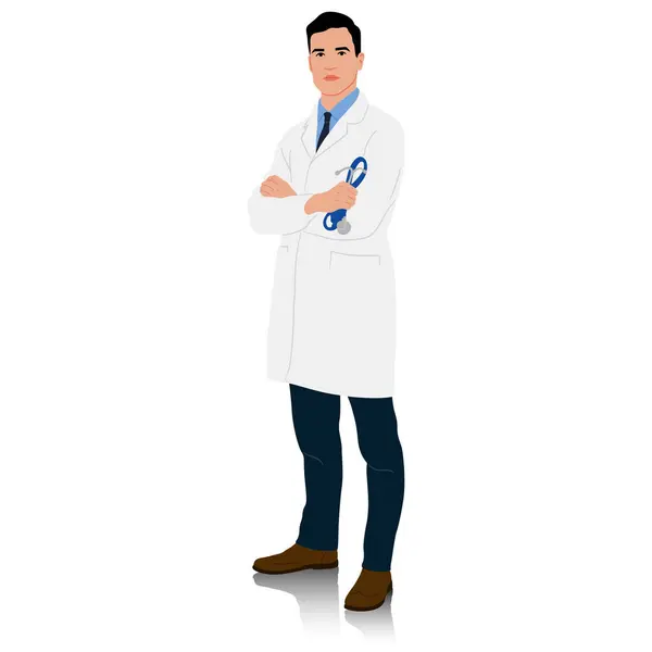 Medico Con Cappotto Bianco Tiene Mano Uno Stetoscopio Set Illustrazione — Vettoriale Stock
