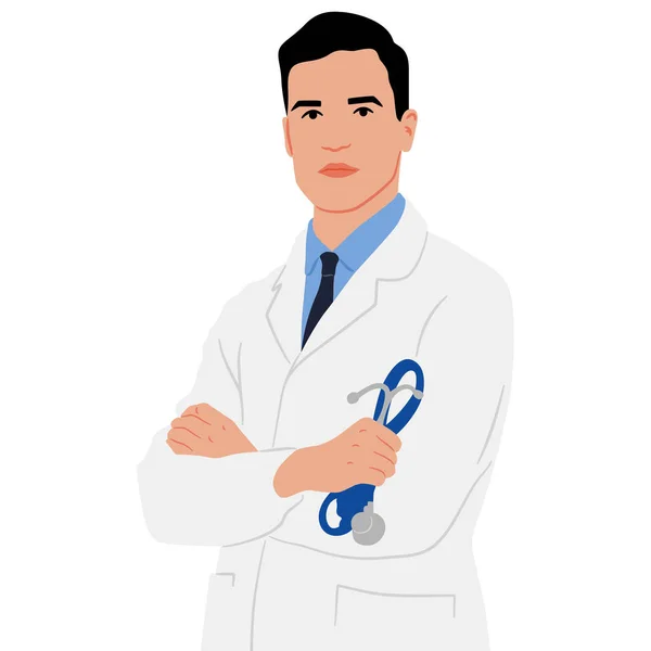 Medico Con Cappotto Bianco Tiene Mano Uno Stetoscopio Set Illustrazione — Vettoriale Stock