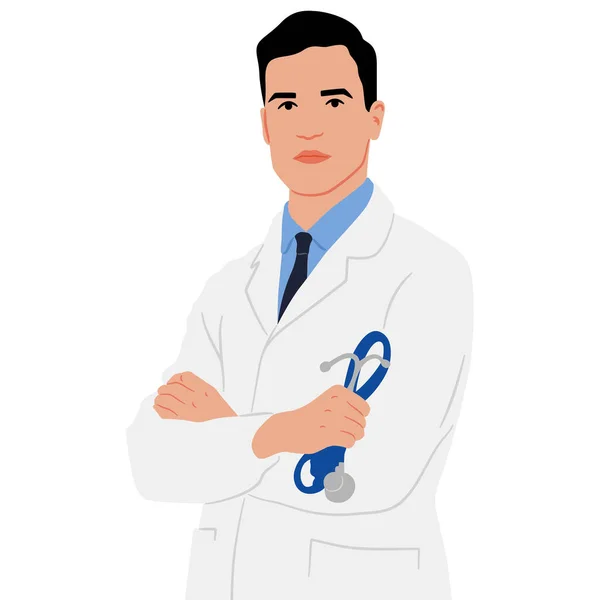 Beyaz önlüklü bir doktor elinde steteskop tutuyor. El çizimi vektör çizimi beyaz üzerine izole edildi