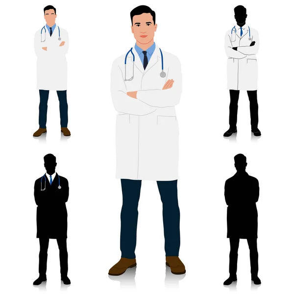 交差した手で白いコートを着た医師 男性医療従事者 手描きのベクターイラストは白で分離 — ストックベクタ
