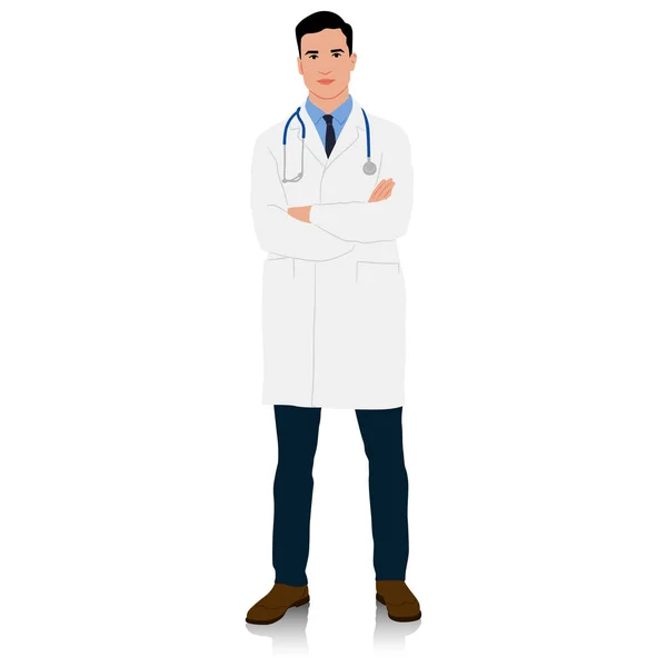 Çapraz elli beyaz önlüklü bir doktor. Erkek sağlık çalışanı. El çizimi vektör çizimi beyaz üzerine izole edildi