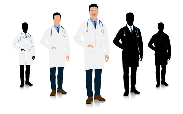 一个穿着白衣的医生 手插在口袋里 男性保健工作者 在白色上孤立的手工绘制的矢量图集 — 图库矢量图片