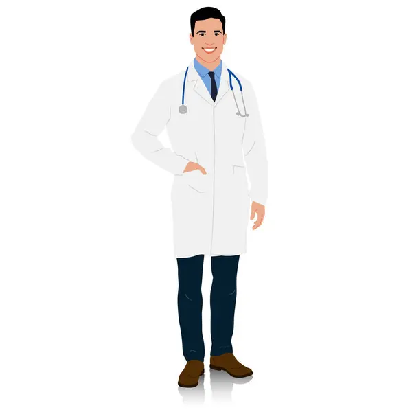 Médico Con Una Bata Blanca Con Mano Bolsillo Trabajador Salud — Archivo Imágenes Vectoriales