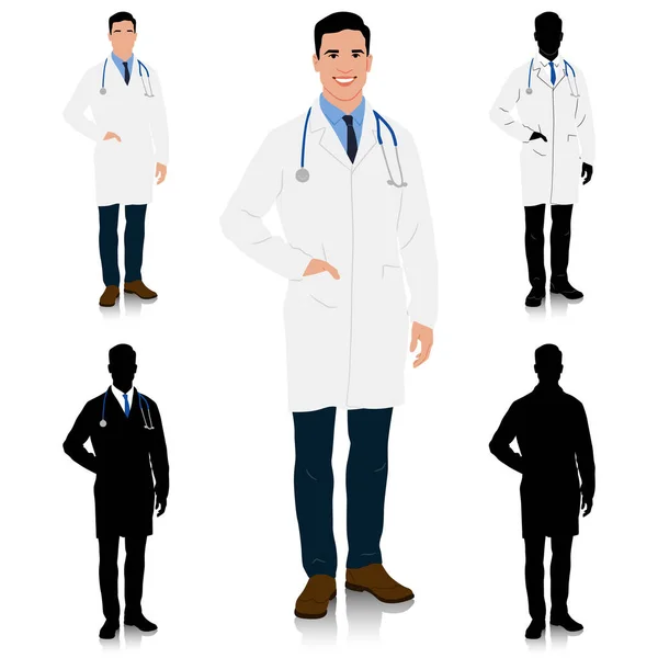 一个穿着白衣的医生 手插在口袋里 男性保健工作者 在白色上孤立的手工绘制的矢量图集 — 图库矢量图片