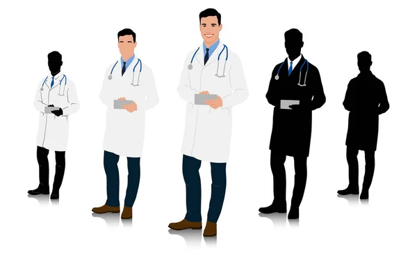 白いコートにタブレットを手に入れた医師 男性医療従事者 手描きのベクターイラストは白で分離 — ストックベクタ