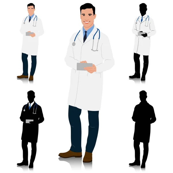 白いコートにタブレットを手に入れた医師 男性医療従事者 手描きのベクターイラストは白で分離 — ストックベクタ