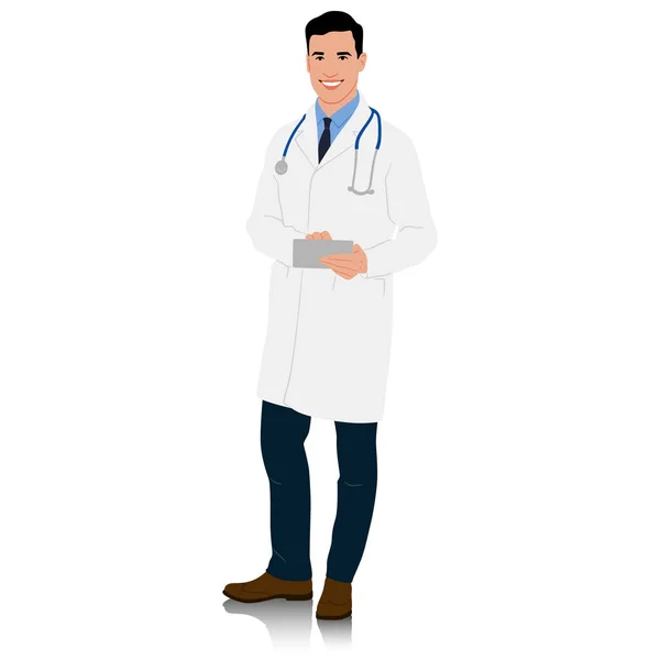Egy Orvos Fehér Kabátban Tablettával Kezében Férfi Egészségügyi Dolgozó Kézzel — Stock Vector