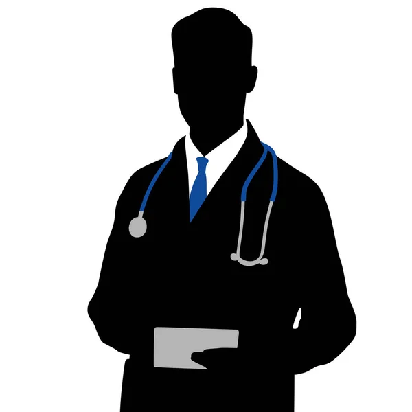 Sylwetka Lekarza Białym Płaszczu Tabletką Rękach Pracownik Służby Zdrowia Ręcznie — Wektor stockowy