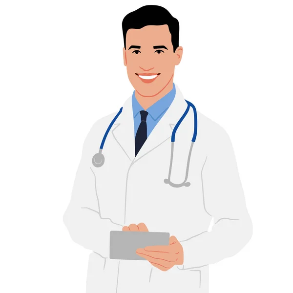 Dottore Con Cappotto Bianco Con Una Compressa Mano Operatore Sanitario — Vettoriale Stock