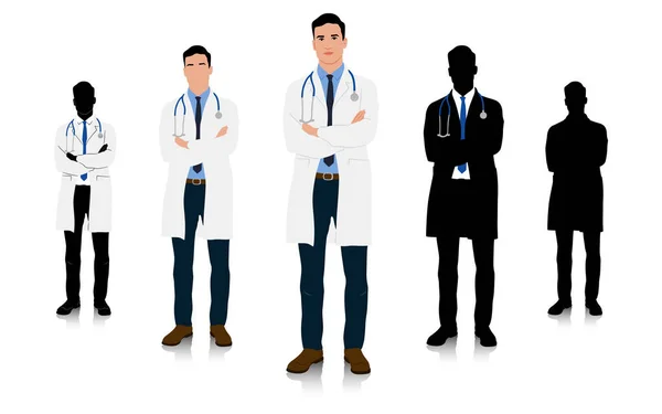 Çapraz elli beyaz önlüklü bir doktor. Erkek sağlık çalışanı. El çizimi vektör çizimi beyaz üzerine izole edildi