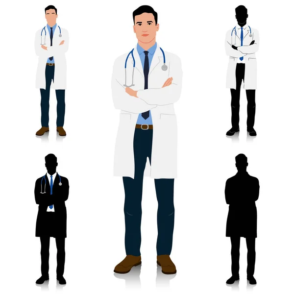 Médico Con Una Bata Blanca Con Las Manos Cruzadas Trabajador — Archivo Imágenes Vectoriales