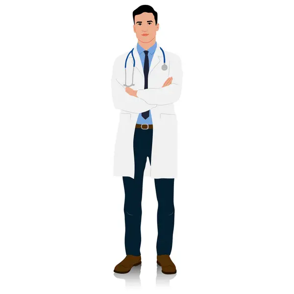 一个穿白衣 双手交叉的医生 男性保健工作者 在白色上孤立的手工绘制的矢量图集 — 图库矢量图片