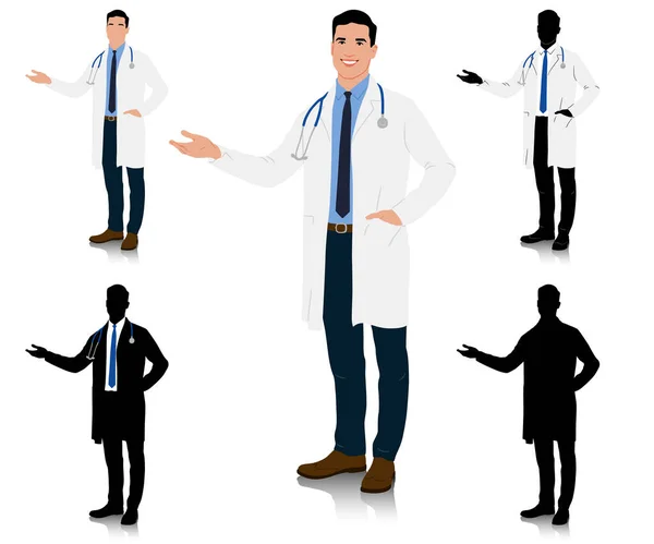 Ein Arzt Weißen Kittel Zeigte Seitwärts Männliche Gesundheitsfachkräfte Handgezeichnete Vektorillustration — Stockvektor