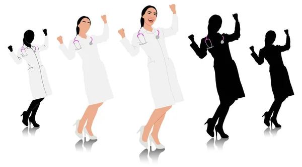 Handgezeichnete Gesundheitsfachangestellte Glücklich Lächelnder Arzt Weißen Mantel Mit Stethoskop Das — Stockvektor