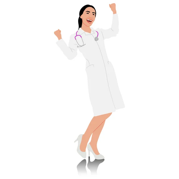 Hand Drawn Female Healthcare Worker Happy Smiling Doctor White Coat — Stock Vector