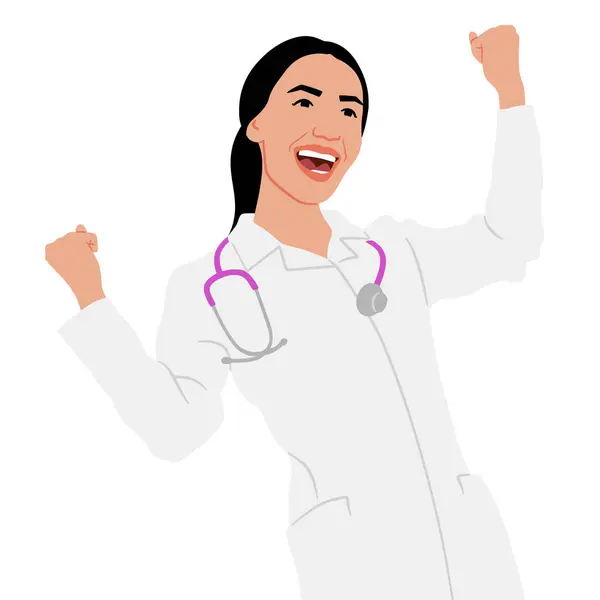 Ручной Рисунок Работницы Здравоохранения Счастливый Улыбающийся Доктор Белом Халате Стетоскопом — стоковый вектор