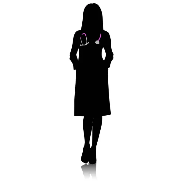 Silhouet Van Vrouwelijke Gezondheidswerker Vrolijk Lachende Arts Witte Jas Met — Stockvector