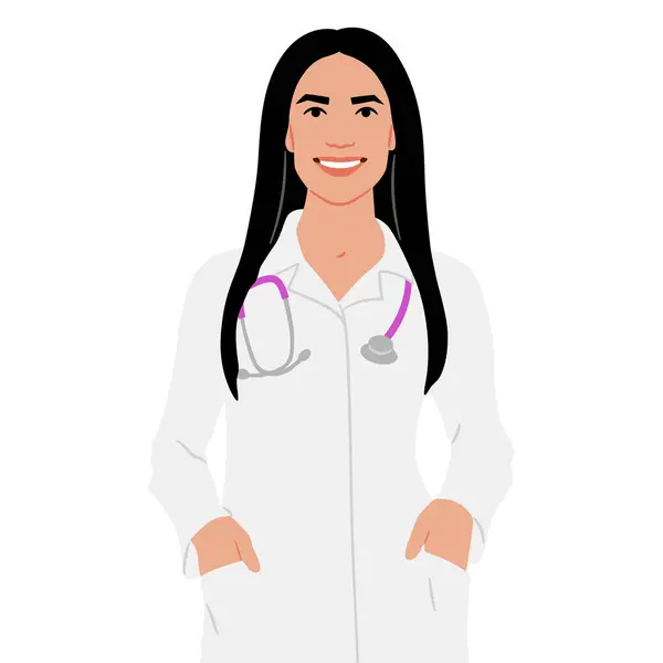 Trabajadora Salud Dibujada Mano Feliz Médico Sonriente Bata Blanca Con — Vector de stock
