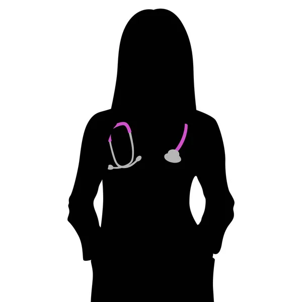 Kadın Sağlık Görevlisinin Silueti Steteskoplu Beyaz Önlüklü Mutlu Bir Doktor — Stok Vektör