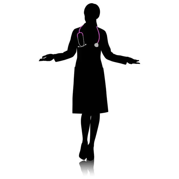 Kadın Sağlık Çalışanının Silueti Steteskoplu Beyaz Önlüklü Mutlu Bir Doktor — Stok Vektör