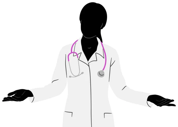 女性保健工作者的概况 穿着白衣 带听诊器的快乐微笑的医生 医务工作者拿着武器展示空旷的空间 在白色上孤立的向量平面图形集 — 图库矢量图片