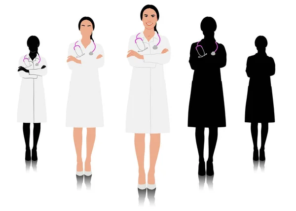 Operatrice Sanitaria Femminile Disegnata Mano Felice Medico Sorridente Cappotto Bianco — Vettoriale Stock