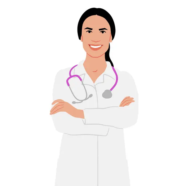 Trabajadora Salud Dibujada Mano Feliz Médico Sonriente Con Bata Blanca — Vector de stock