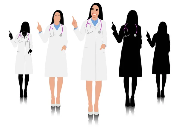 Tangan Ditarik Perempuan Pekerja Kesehatan Selamat Tersenyum Dokter Dalam Mantel - Stok Vektor