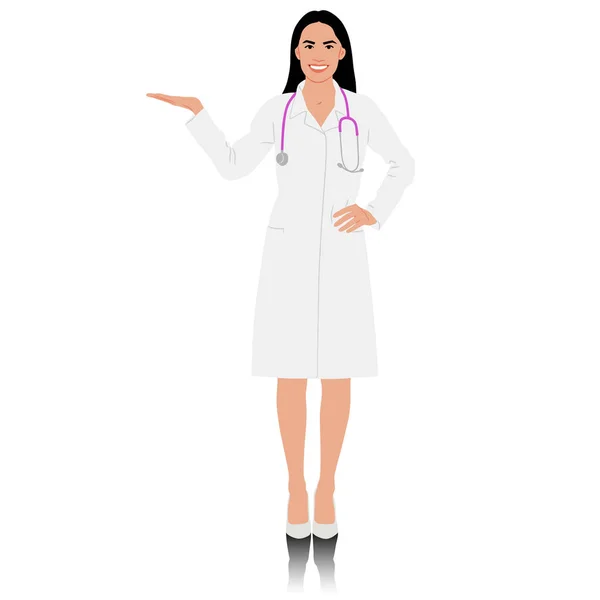 Hand Drawn Female Healthcare Worker Happy Smiling Doctor White Coat — Stock Vector
