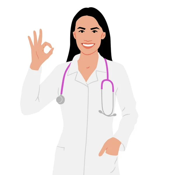Trabajadora Salud Dibujada Mano Feliz Médico Sonriente Con Bata Blanca — Vector de stock