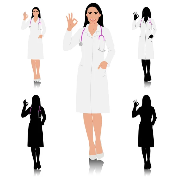 Tangan Ditarik Perempuan Pekerja Kesehatan Selamat Tersenyum Dokter Dalam Mantel - Stok Vektor